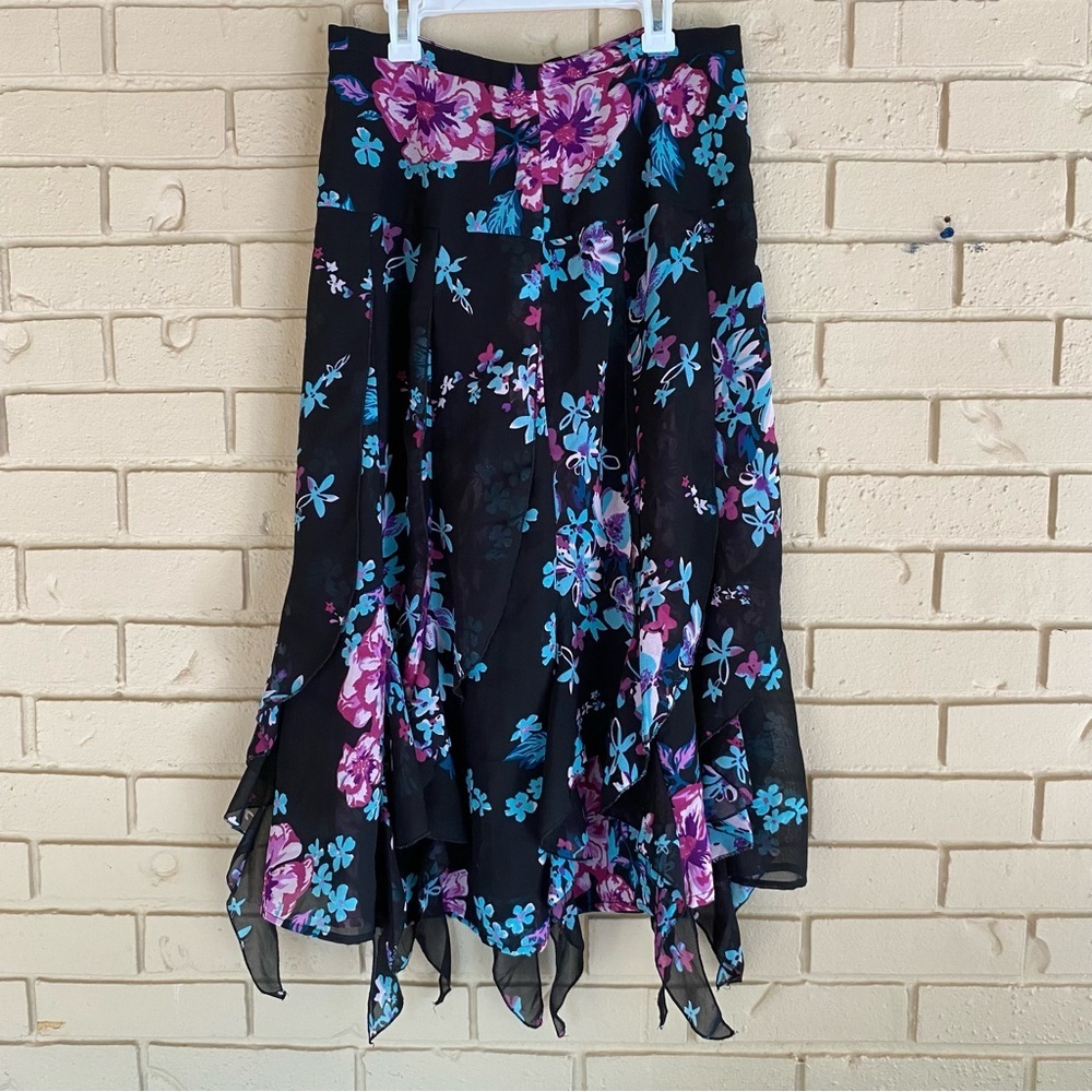 Vintage Y2K Dimri Dark Floral Skirt Assymetrical Trim Whimsygoth Fairy Goth M